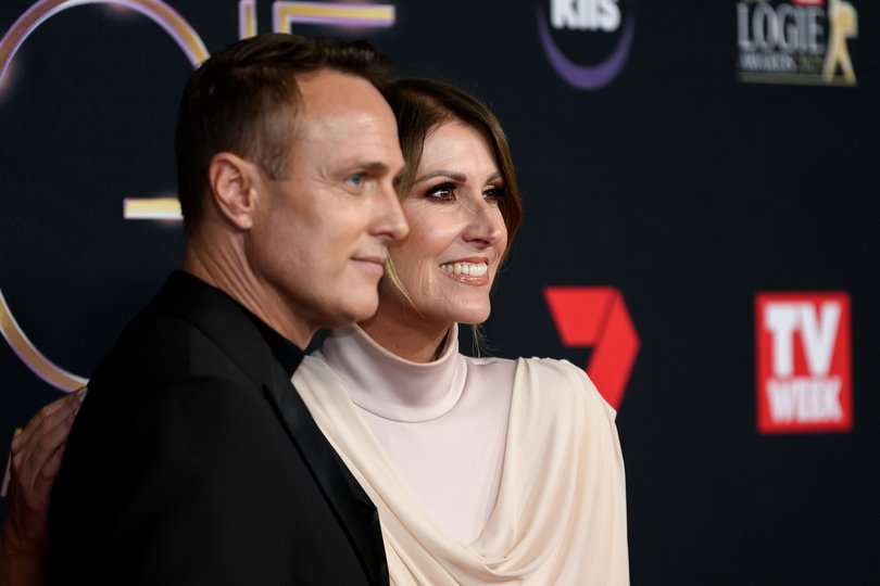 Matt Shirvington and Natalie Barr attends the red carpet during the 2025 Logie Awards at the Star in Sydney, Sunday, August 3, 2025. (AAP Image/Steve Markham) NO ARCHIVING