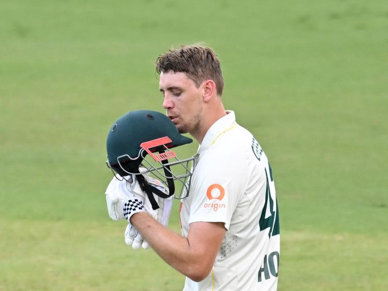 Cameron Green celebrates his century at Darwin in an innings that could transform his fortunes. (James Ross/AAP PHOTOS)