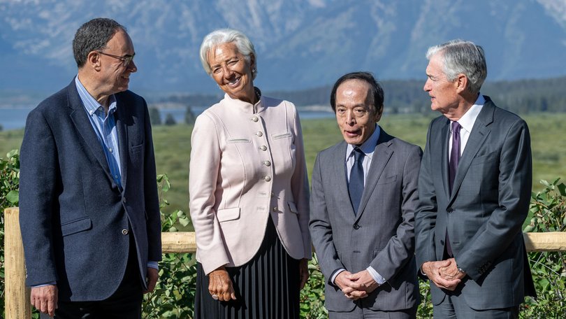 Former Fed chair Jerome Powell with central bank bosses Kazuo Ueda (Japan), Christine Lagarde,(ECB), and Andrew Bailey (BOE), at the Jackson Hole Economic Policy Symposium last year. 