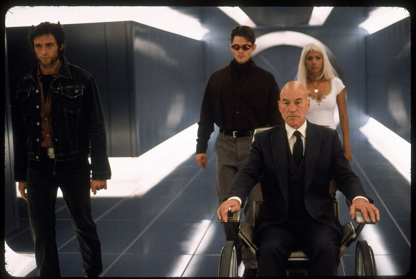 Hugh Jackman, James Marsden, Patrick Stewart and Halle Berry in the 2000 X-Men movie.