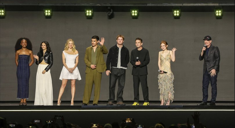 The new X-Men team: Maya Boyd, Inde Navarette, Samara Weaving, Christopher Abbott, Kit Connor, Jake Schreier, Sadie Sink and Kevin Feige.