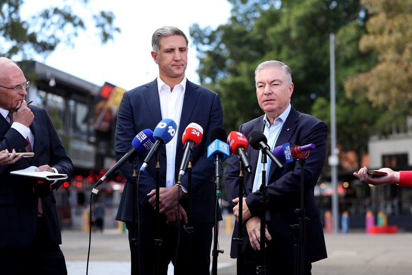 Swans chair Andrew Pridham (right) and CEO Matthew Pavlich speaking on Wednesday.