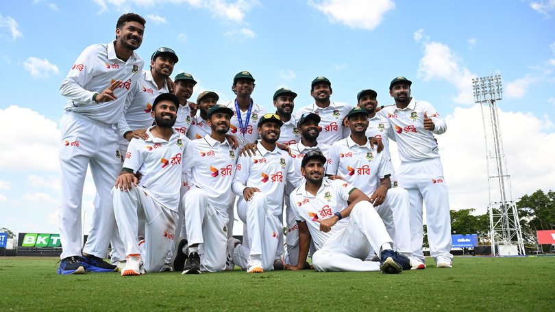 Bangladesh players celebrate defeating Australia on Day 4 of the First Men's cricket test match between Australia and Bangladesh at TIO Stadium in Darwin, Sunday, August 16, 2026. (AAP Image/James Ross) NO ARCHIVING, EDITORIAL USE ONLY, IMAGES TO BE USED FOR NEWS REPORTING PURPOSES ONLY, NO COMMERCIAL USE WHATSOEVER, NO USE IN BOOKS WITHOUT PRIOR WRITTEN CONSENT FROM AAP JAMES ROSS