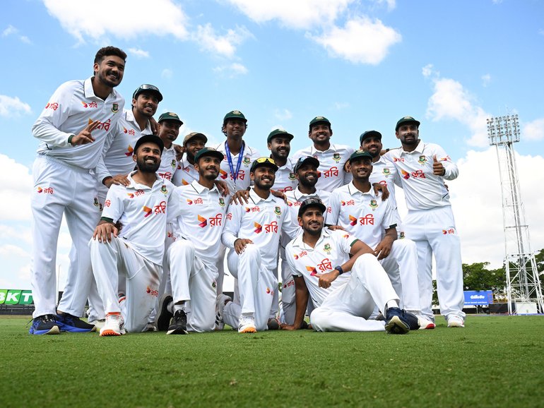 Bangladesh players celebrate defeating Australia on Day 4 of the First Men's cricket test match between Australia and Bangladesh at TIO Stadium in Darwin, Sunday, August 16, 2026. (AAP Image/James Ross) NO ARCHIVING, EDITORIAL USE ONLY, IMAGES TO BE USED FOR NEWS REPORTING PURPOSES ONLY, NO COMMERCIAL USE WHATSOEVER, NO USE IN BOOKS WITHOUT PRIOR WRITTEN CONSENT FROM AAP JAMES ROSS