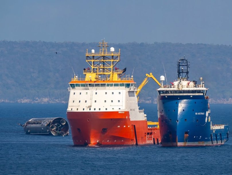 With the rocket now safely at Christmas Island, a 500m exclusion zone has been set up around it and the support vessels.