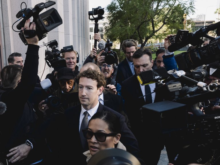 Mark Zuckerberg, Meta’s chief executive, arrives to testify in a tech addiction trial at California Superior Court of Los Angeles County in Los Angeles.