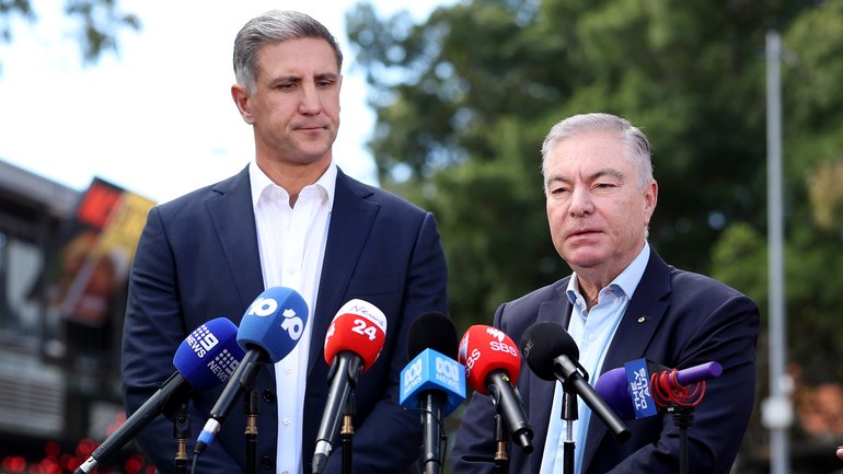 Swans CEO Matthew Pavlich and chair Andrew Pridham on Wednesday.