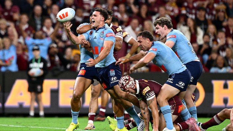 Nathan Cleary of New South Wales celebrates after scoring a try during game three of the Men's State of Origin series.