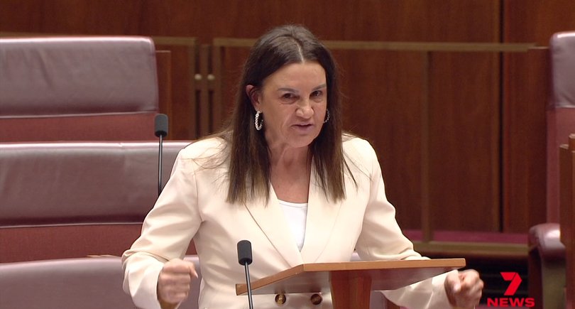 Senator Jacqui Lambie breaks down in parliament.