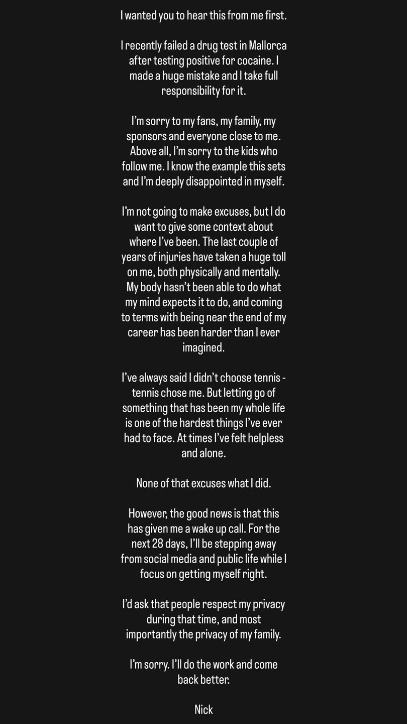 Nick Kyrios posted his apology on his Instagram story.