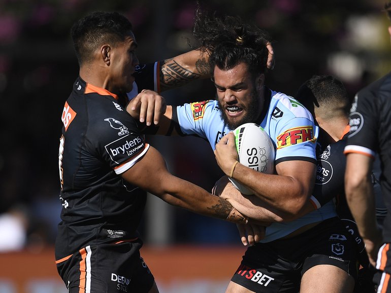 Cronulla Sharks prop Toby Rudolf in action.