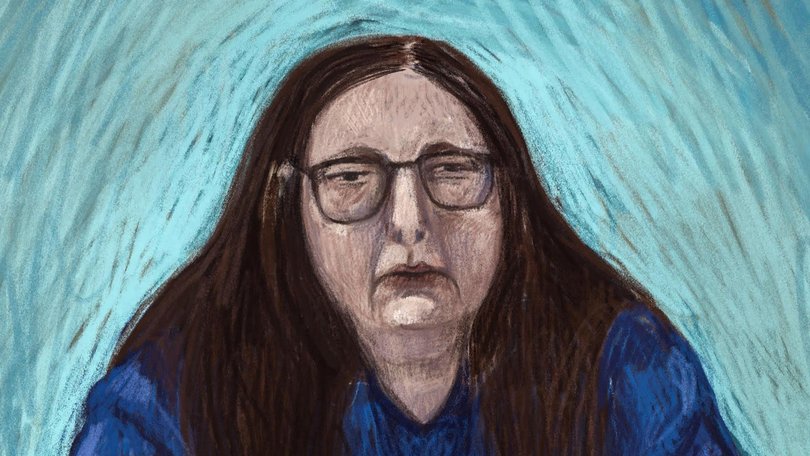 A sketch of Erin Patterson appearing via a video link from prison during the first day of her appeal. 