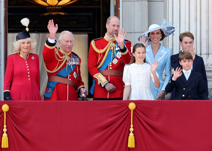 Queen Camilla, King Charles III, Prince William, Prince of Wales, Princess Charlotte of Wales, Catherine, Princess of Wales, Prince George of Wales and Prince Louis of Wales wave from the balcony of Buckingham Palace during Trooping The Colour on June 13, 2026 in London, England.