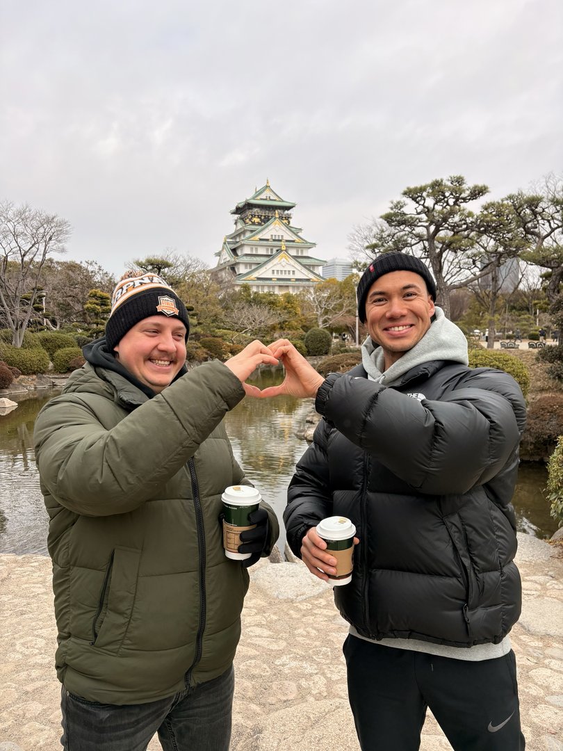 Alex in Japan with his best mate Sebastian.
