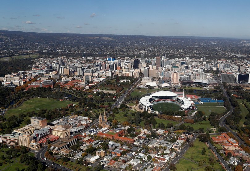 An aerial view of Adelaide CBD and Adelaide Oval.
