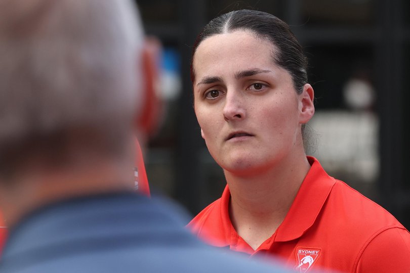 Lucy McEvoy of the Swans speaks to the media.