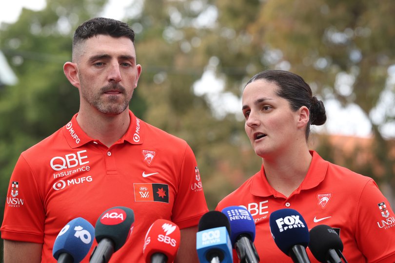 SYDNEY, AUSTRALIA - AUGUST 21: Sydney Swans AFLW Coach Colin O'Riordan and Lucy McEvoy of the Swans speak to the media during a Sydney Swans AFLW press conference at Sydney Swans HQ on August 21, 2026 in Sydney, Australia. (Photo by Darrian Traynor/Getty Images)