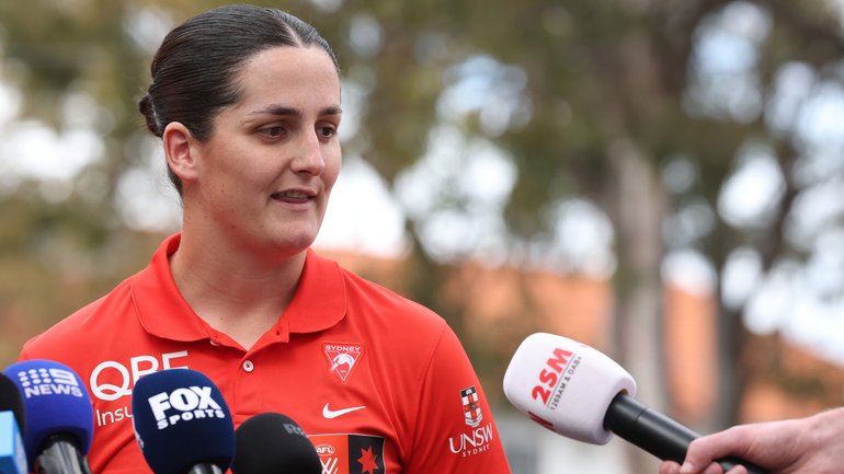 Lucy McEvoy of the Swans speaks to the media during a Sydney Swans AFLW press conference