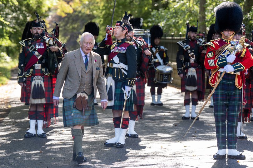 King Charles III carries out an inspection of the Balaklava Company, 5th Battalion, The Royal Regiment of Scotland, at the gates of Balmoral, as he takes up summer residence at the castle. Picture date: Tuesday August 18, 2026. 