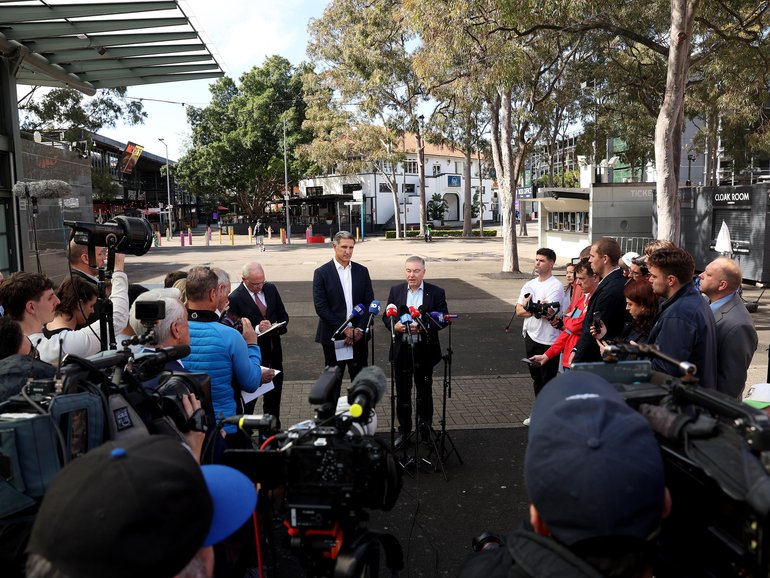 SYDNEY, AUSTRALIA - AUGUST 19: Sydney Swans Chairman Andrew Pridham (R) and CEO Matthew Pavlich speak to the media during a Sydney Swans AFL press conference at Sydney Swans HQ on August 19, 2026 in Sydney, Australia. (Photo by Mark Metcalfe/Getty Images) Mark Metcalfe