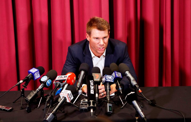Former Australian cricket vice captain David Warner talks to the media in Sydney, Saturday, March 31, 2018, after being sent home from South Africa following a ball tampering scandal. 