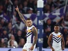 Shai Bolton of the Dockers celebrates a goal.