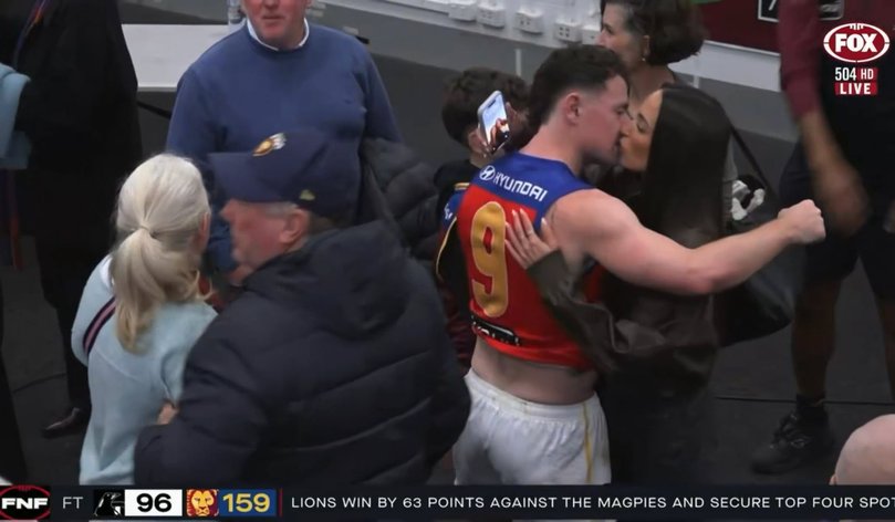 AFL Brisbane Lions vs Collingwood - Lachie Neale and Emma Field inside the Lions' MCG dressing room Picture: Fox Footy