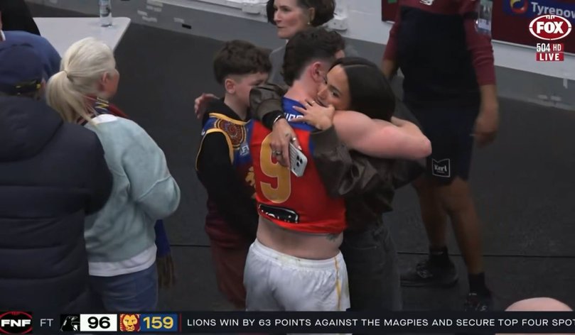 AFL Brisbane Lions vs Collingwood - Lachie Neale and Emma Field inside the Lions' MCG dressing room Picture: Fox Footy