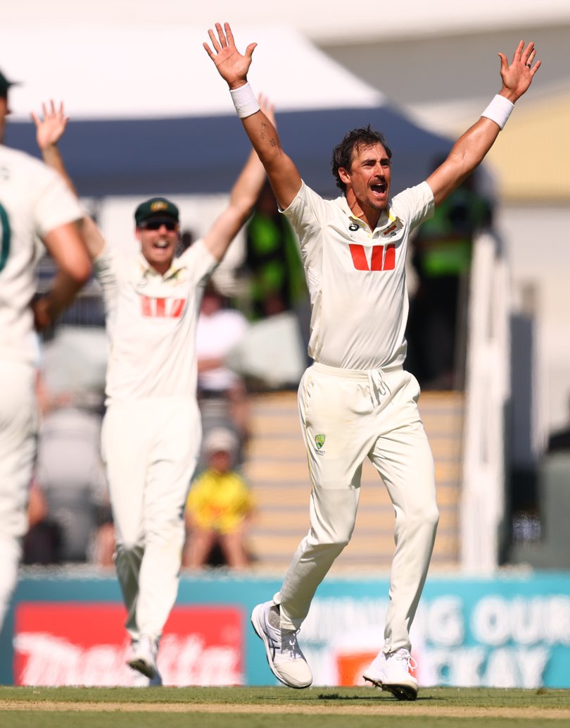 Mitchell Starc of Australia celebrates after taking the wicket of Najmul Hossain Shanto.