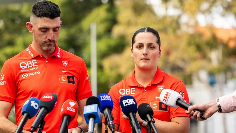 AFLW Swans coach Colin Riordan and captain Lucy McEvoy front the media at Swans HQ, Moore Park on Friday. Picture: Ben Symons/ NewsWire