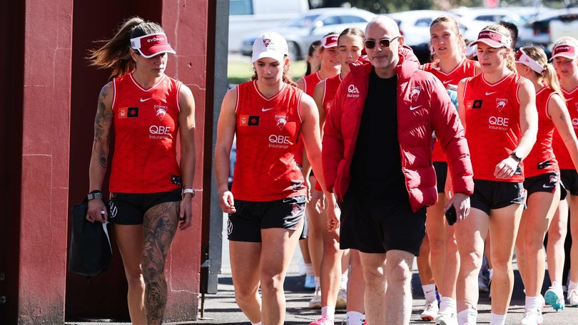 The Swans AFLW side marched back into Swans HQ shortly before a press conference. Picture: NewsWire/ Gaye Gerard.