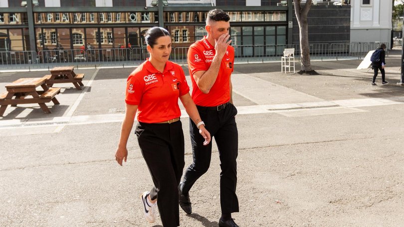 AFLW Swans captain Lucy McEvoy, with coach Colin Riordan, held a press conference a couple of hours later. Picture: Ben Symons/ NewsWire