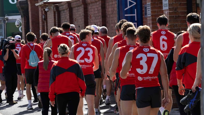Sydney Swans head into training following the coach and captain’s press conference. Picture: NewsWire / Nadir Kinani