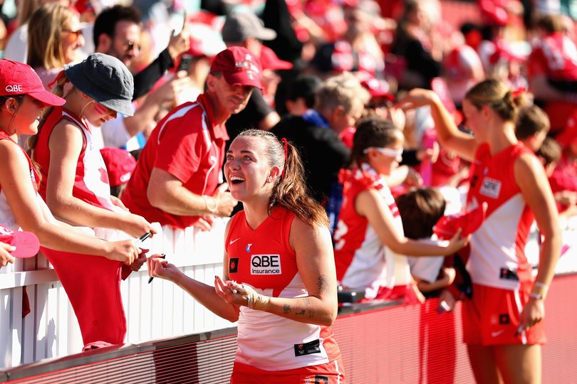 Cynthia Hamilton of the Swans celebrates the win.