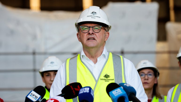 Prime Minister Anthony Albanese speaks to media during a press conference at BAE Systems Australia in Perth.