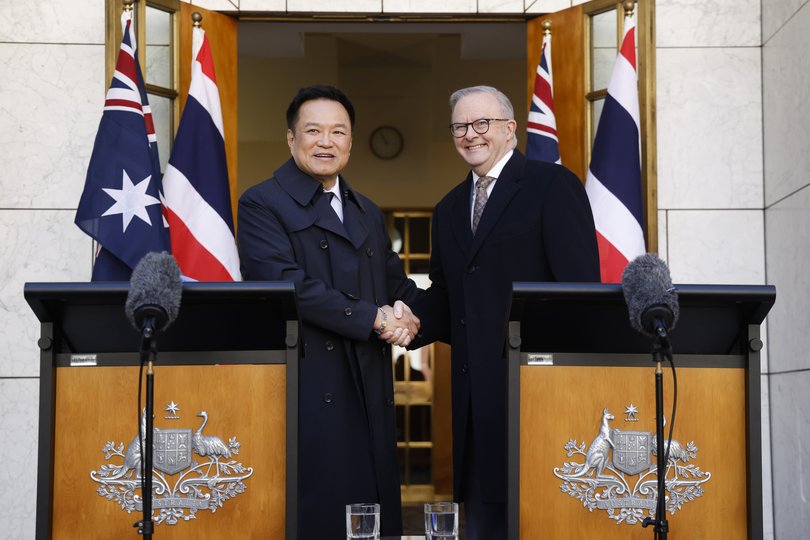 Australian Prime Minister Anthony Albanese (R) and Thai Prime Minister Anutin Charnvirakul shake hands during a press conference at Australian Parliament House on August 19, 2026 in Canberra Australia.