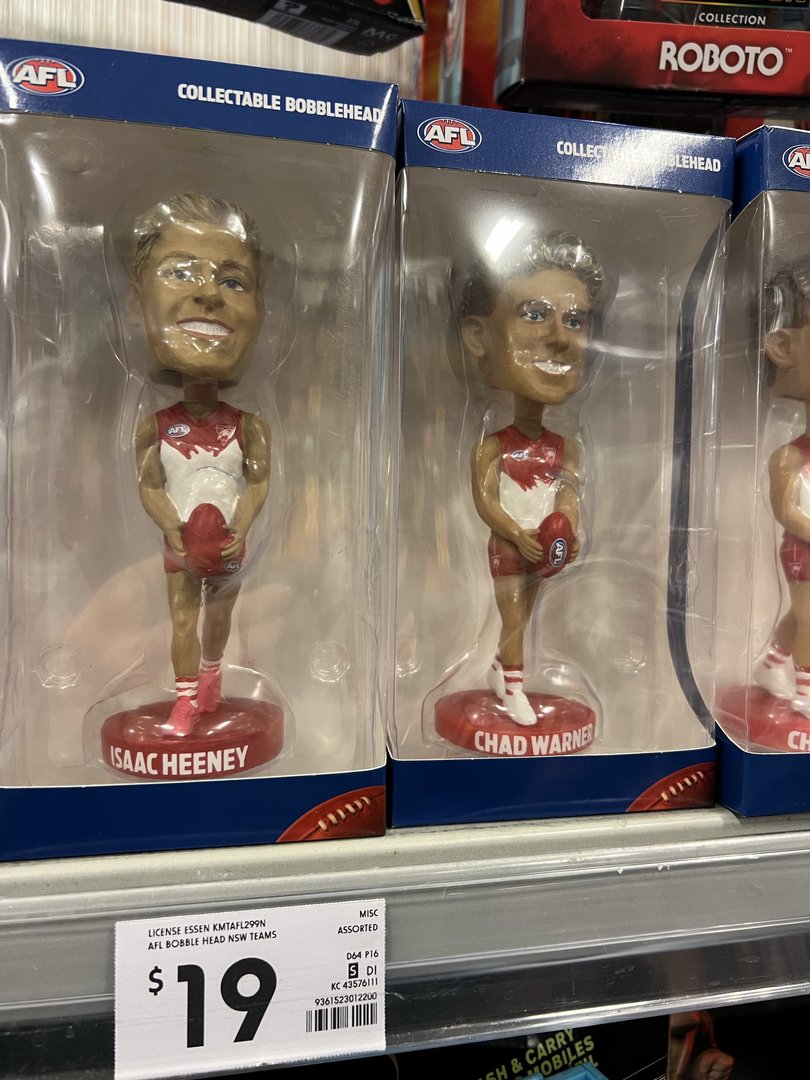 Bobbleheads of banned Sydney Swans players Chad Warner and Isaac Heeney being sold in Kmart.