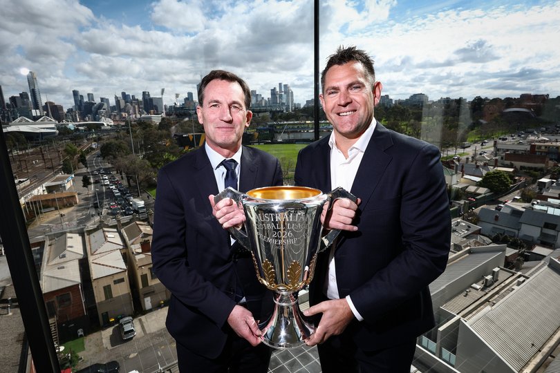 Luke Hodge with AFL CEO Andrew Dillon on Monday.