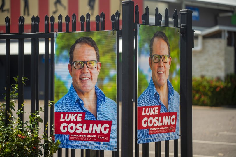 Political corflute signs for Labor member for Solomon Luke Gosling in Darwin, Wednesday, April 23, 2025. 