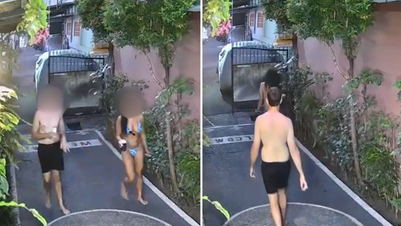 CCTV shows a man and woman walk past the outdoor spot, before returning seconds later to allegedly have sex there.