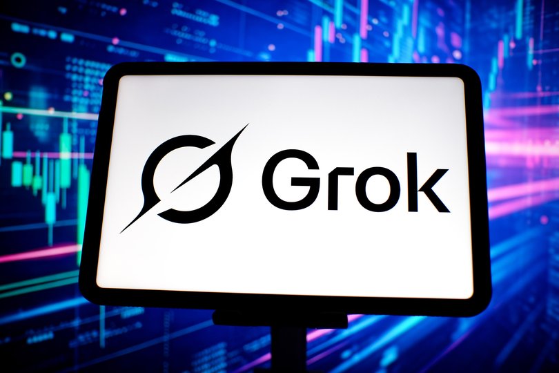 Grok logo displayed on a tablet screen.