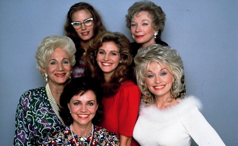 Julia Roberts. Olympia Dukakis, Daryl Hannah, Shirley MacLaine. Sally Field, Dolly Parton in 1989 film Steel Magnolias.