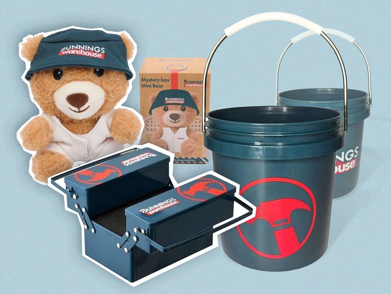 Bunnings has sparked a social media frenzy around its collectible range, which include blind mystery boxes featuring miniature bears, as well as mini toolkits and buckets.