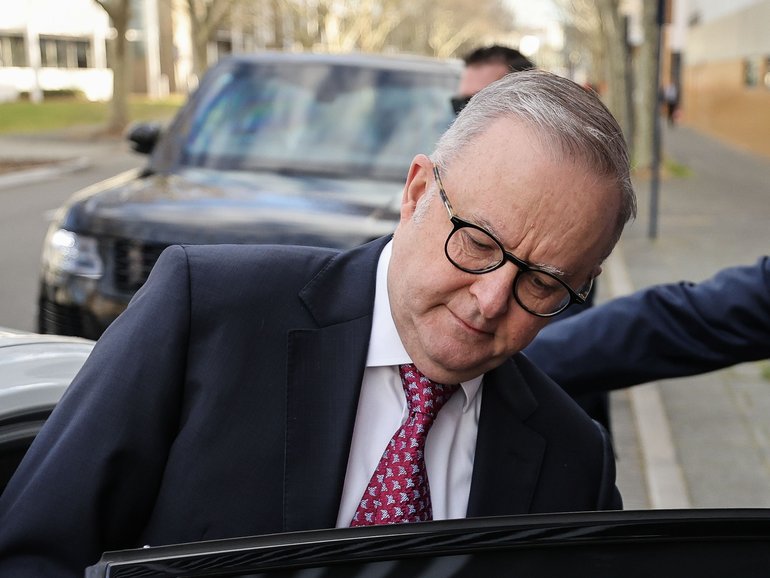 Prime Minister Anthony Albanese is pictured leaving ABC Radio Perth today. 