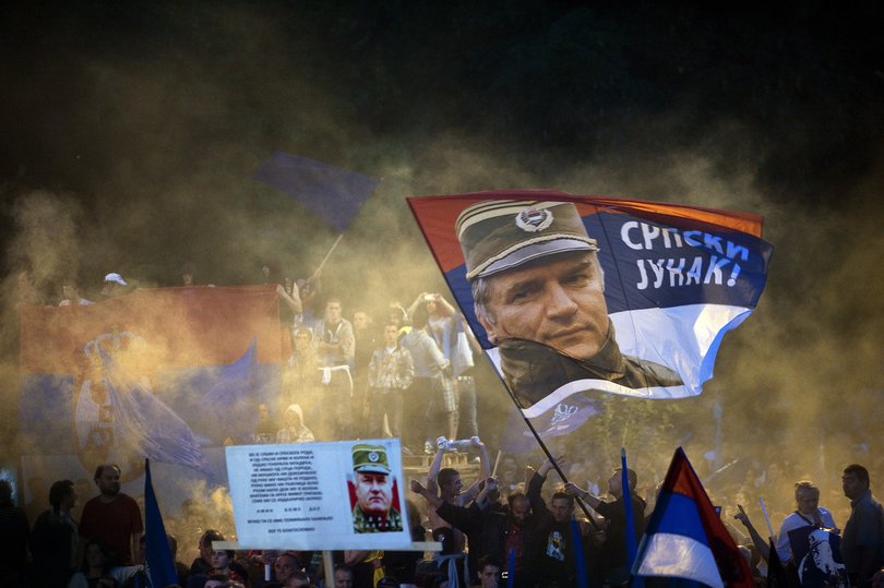 Supporters of Ratko Mladic demonstrate with flags and posters bearing his image in Belgrade, Serbia, on May 29, 2011. 