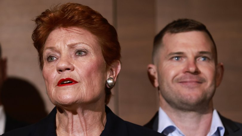 PERTH, AUSTRALIA - NewsWire Photos - July 21st 2026: One NationÃ¢â¬â¢s leader Pauline Hanson with Luke Herdegen (right), One Nation candidate for Secret Harbour (WA), lat a Press Conference following today's The West AustralianÃ¢â¬â¢s Leadership Matters breakfast at the Grand Ballroom, Crown Perth. NewsWire/Philip Gostelow