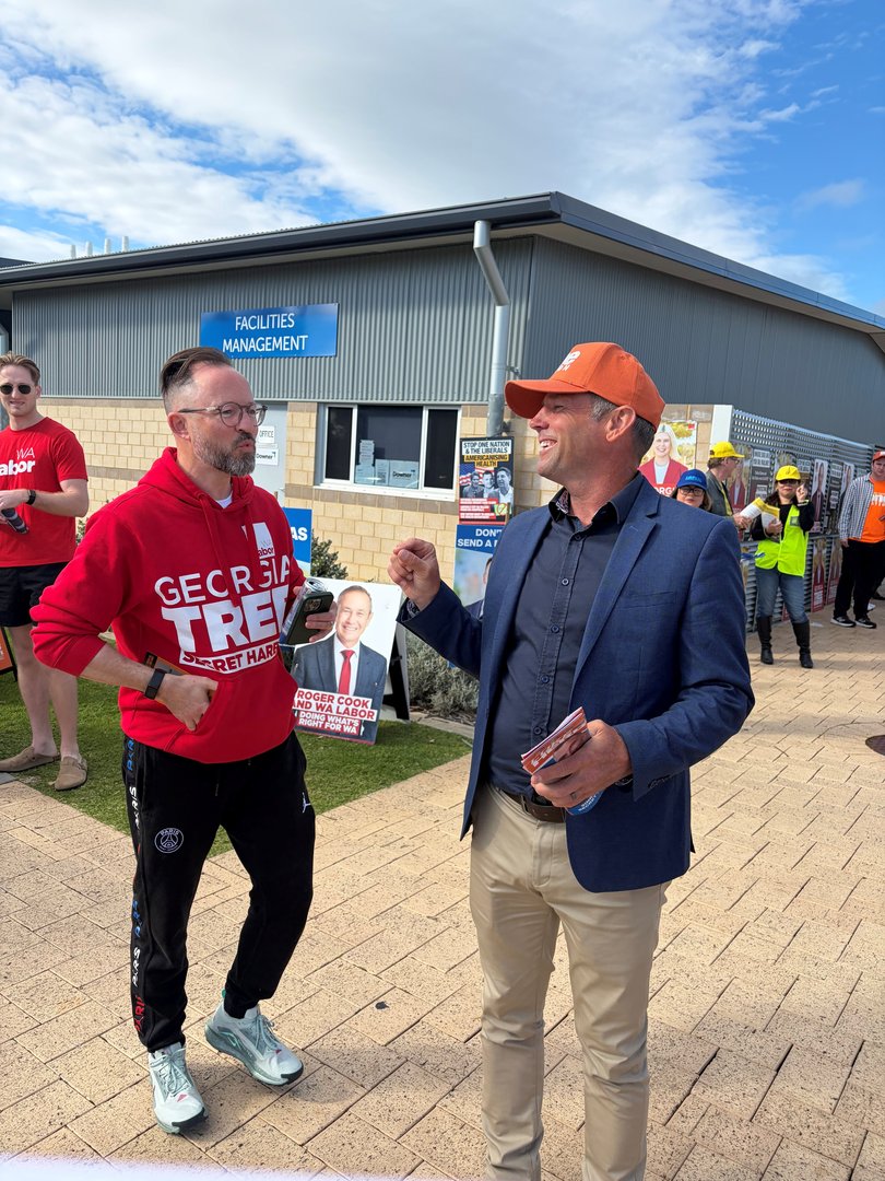 Labor state secretary Mark Reed and One Nation WA leader Rod Caddies exchange words over a Labor flyer that One Nation believes breaks electoral rules. Mr Reed disagrees.