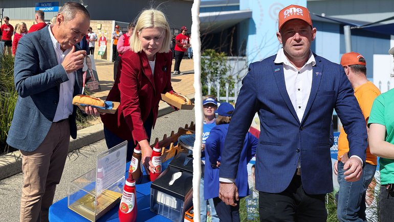 Premier Roger Cook and Labor candidate Georgia Tree enjoy a hot dog. Right: One Nation Secret Harbour candidate Luke Herdegen.