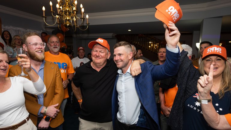 Luke Herdegan is seen celebrating the huge result for One Nation with father Murray Herdegan on Aug 29, 2026.