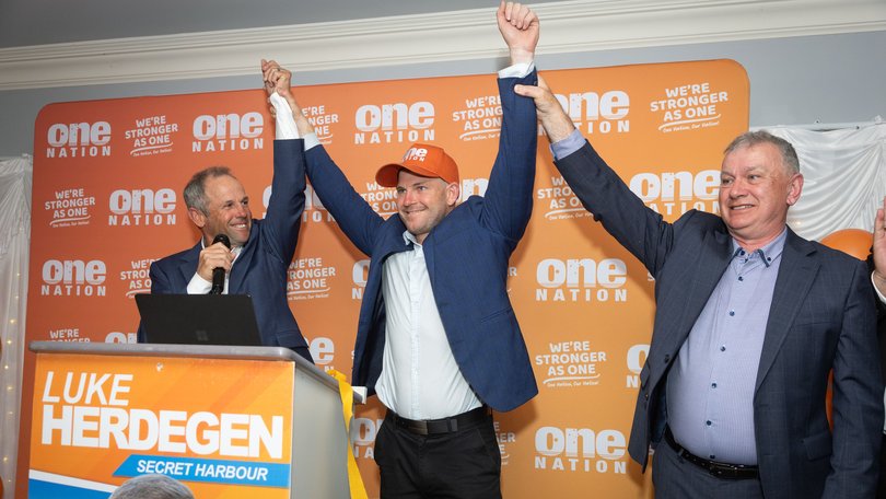 One Nation WA leader Rod Caddies with Luke Herdegan after his win.